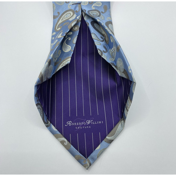 ROBERTO VILLINI Couture Seven Fold Men Silk Tie Necktie Blue Jacquard Paisley - Picture 3 of 6